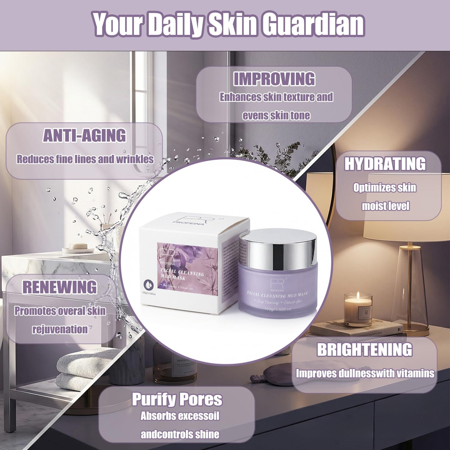 PROFEINA Clay Mask for Face, Non-Drying Facial Cleansing Mud Mask for Oily and Sensitive Skin, Deep Pore Cleansing Face Mask, Smooth Easy-Rinse Texture, Weekly Spa Skincare Routine, 4.23 Oz for Pores