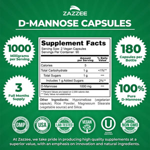 Zazzee D-Mannose, 1000 mg per Serving, 180 Vegan Capsules, 3 Month Supply, Potent & Fast-Acting, Certified Kosher, 100% Pure, All-Natural Urinary Tract Health Support, 100% Vegetarian, Non-GMO ZazzeeBuy Supplements Australia