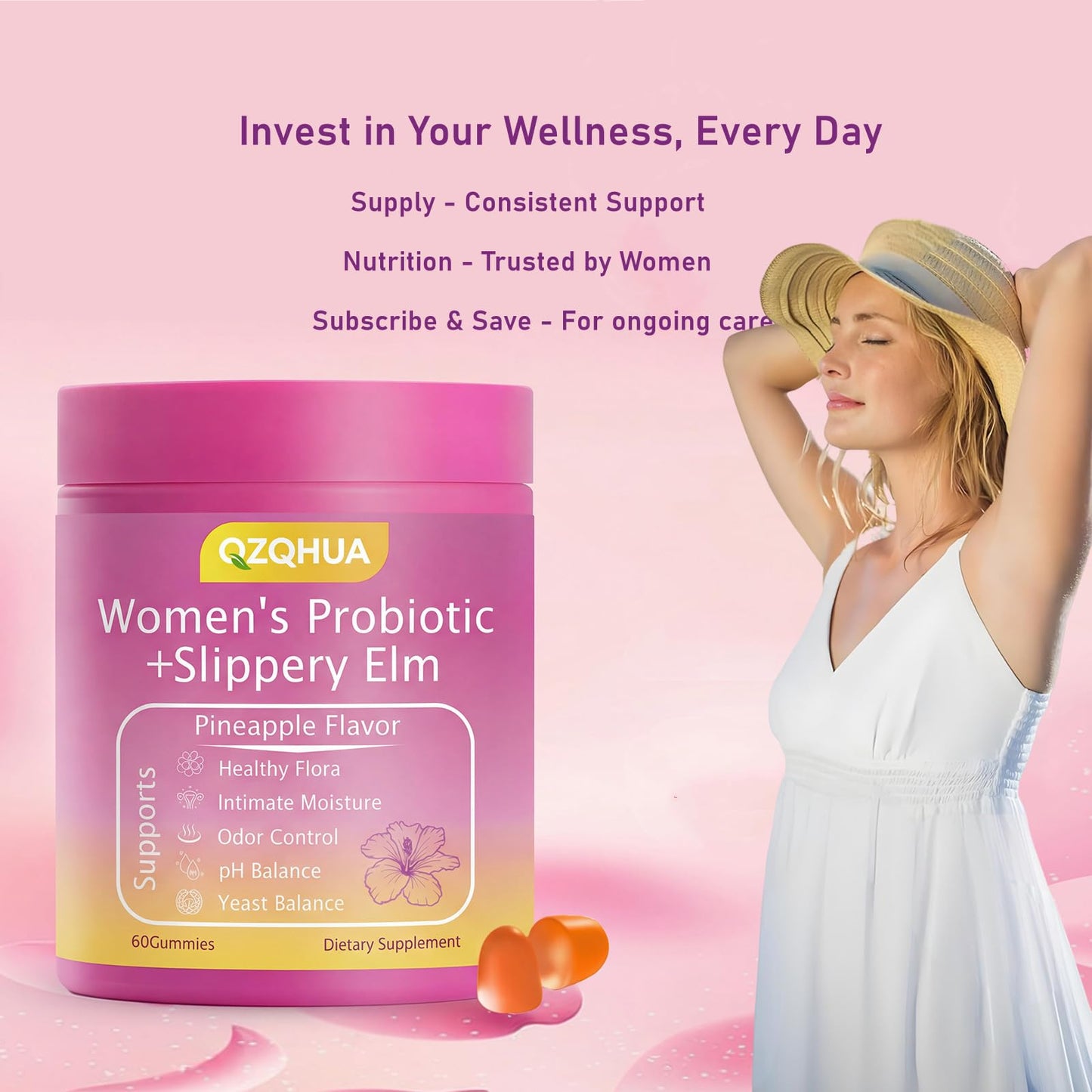 QZQHUA Women's Probiotics Gummies with Slippery Elm – Vaginal Health, Gut Health & pH Balance Support, Pineapple Flavor – Gluten Free, Vegan (30 Servings)(Q2)