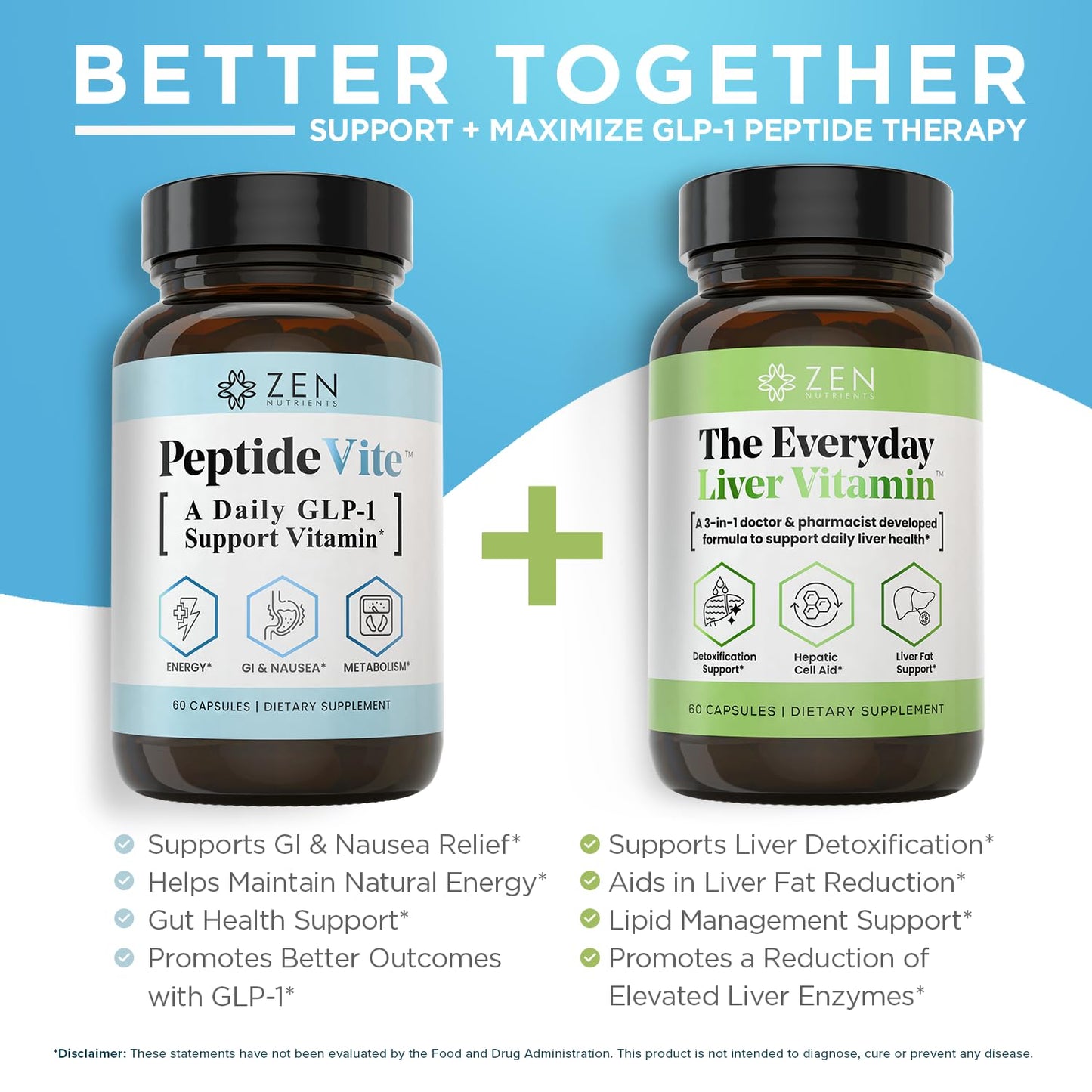 Zen Nutrients PeptideVite Support Vitamin for Gut Health with Probiotics, Bromelain, Chromium Picolinate & Organic Ginger (60 Capsules)