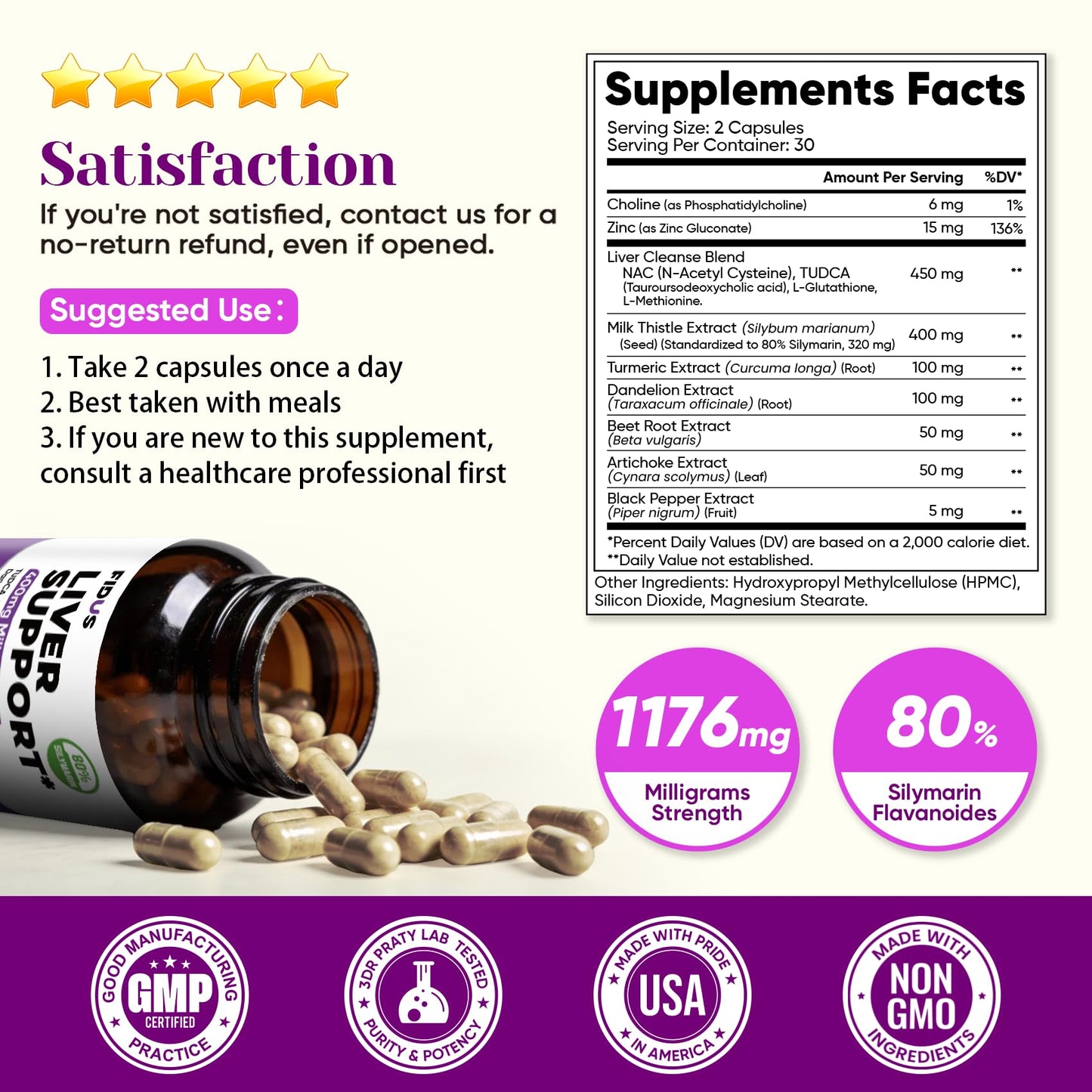 Fidus Milk Thistle Liver Liver Cleanse Detox & Detox Capsules - 400mg Silymarin with TUDCA, NAC, Turmeric & Dandelion Root for Liver Support - 60 Capsules