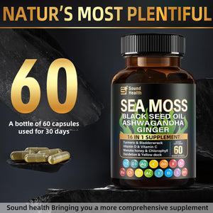 Sea Moss Capsules with Ashwagandha, Turmeric, Bladderwrack, Vitamins C & D for Natural Energy, Sleep Support & Hair Growth, 1200mg Herbal Blend, for Man & Women, Third-Party Tested๏ผ16-in-1 Supplement SoundHealthBuy Supplements Australia