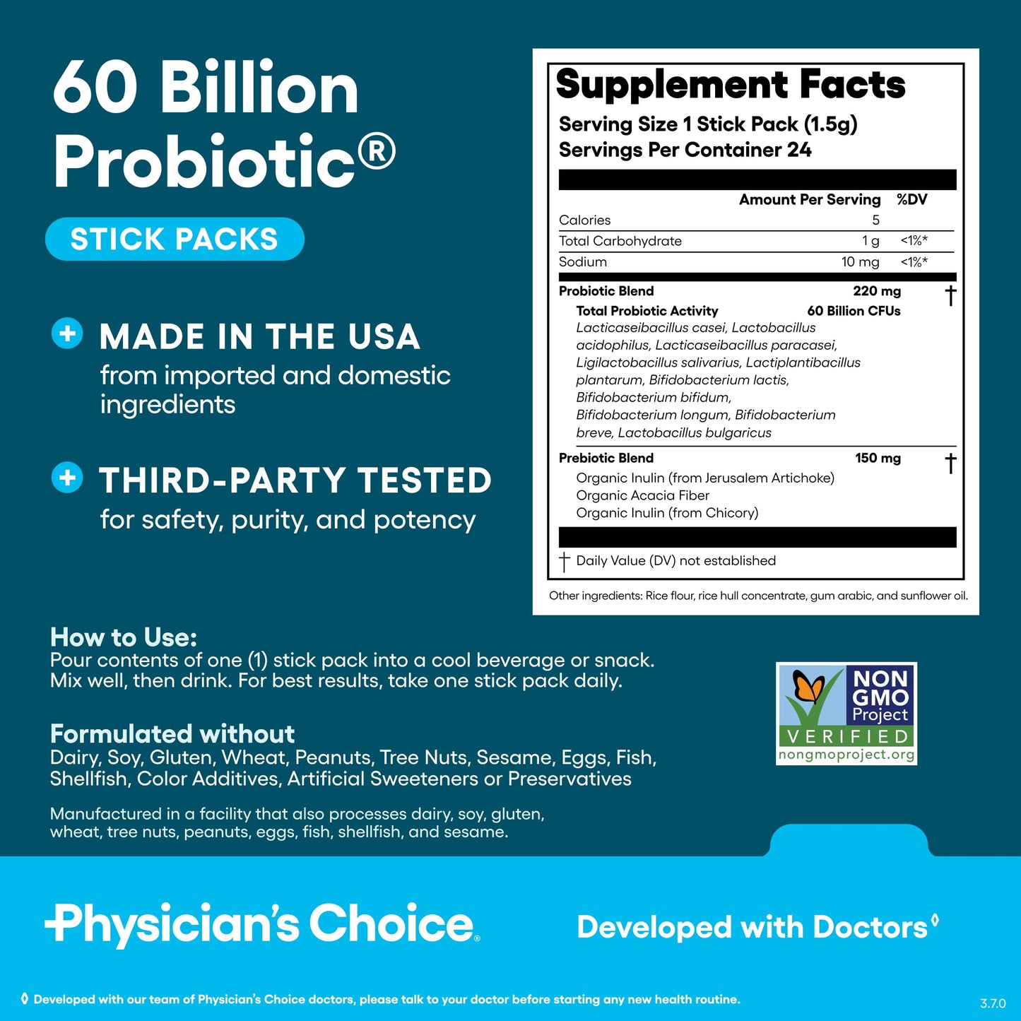 Physician’s Choice 60 Billion CFU Probiotic Stick Packs - 10 Strains + Prebiotics - Immune, Digestive & Gut Health - Supports Occasional Constipation, Diarrhea, Gas & Bloating - for Women & Men - 24CT