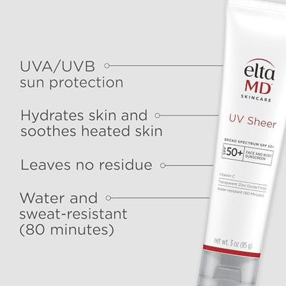 EltaMD UV Sheer Face and Body Sunscreen SPF 50+, Oil Free, No White Cast Sunscreen for Face and Body, Zinc Oxide Formula, 3.0 oz Tube