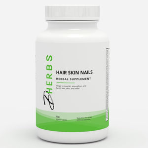 Herbal supplement bottle labeled 'Hair Skin Nails' on a white background