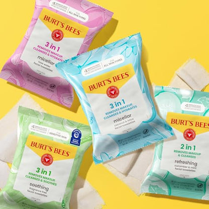 Burt’s Bees Micellar Rose Water Facial Towelettes, 100% Plant Based Cloth; 99% Natural Origin; Remove Makeup, Cleanse, Hydrate; No Oily Residue; All Skin Types; 30 Ct, Pack of 3 (Pack May Vary)