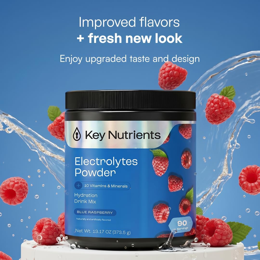 KEY NUTRIENTS Electrolytes Powder Bundle, Sweet Blue Raspberry 90 Servings Jar + Sweet Cherry Pom 90 Servings Jar, Sugar Free Hydration Drink Mix with Vitamins & Minerals, No Calories