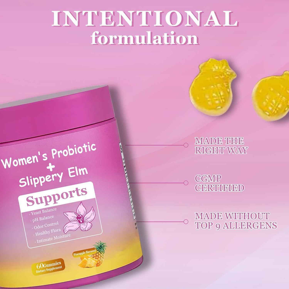 DYALE Her Juicy Feminine Probiotics Gummies for Women | Pineapple Flavor | Supports pH Balance, Gut Health & Immune System | with Slippery Elm, Prebiotics & Lactobacillus Blend | 60 Gummies (1pc)