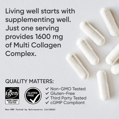 Sports Research® Multi Collagen Pills for Women & Men - Collagen Peptides (Type I, II, III, V, X) Enhanced with Hyaluronic Acid & Vitamin C - Gluten Free ­· Non-GMO - 90 Capsules