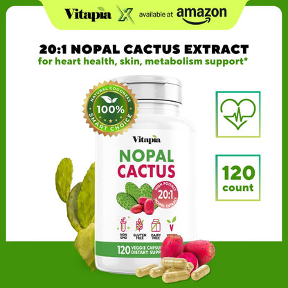 Vitapia Nopal Cactus Extract for Antioxidant, Skin, Metabolism, Wellness, Heart Health Support - 120 Veggie Capsules - Non GMO, Gluten Free Supplement