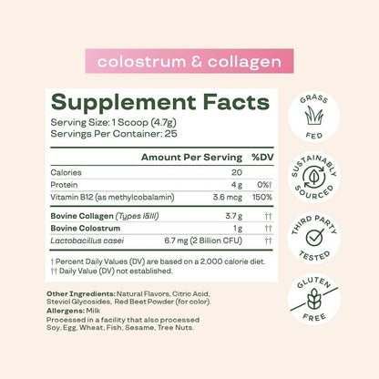 Bloom Nutrition Bovine Colostrum Powder with Vitamin B-12 for Gut Health, Immune Support, Hair Growth & Beauty Supplement | Strawberry, 25 Servings