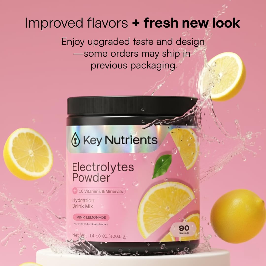 KEY NUTRIENTS Electrolytes Powder Bundle, Fresh Pink Lemonade 90 Servings Jar + Sweet Cherry Pom 90 Servings Jar, Sugar Free Hydration Drink Mix with Vitamins & Minerals, No Calories