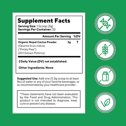 Vitapia Nopal Cactus Extract for Antioxidant, Skin, Metabolism, Wellness, Heart Health Support - 100g Organic Powder - Non GMO, Gluten Free Supplement