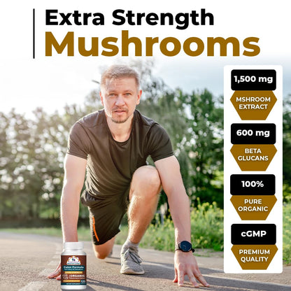 Colon Wellness Supplement, USDA Certified Organic Mushrooms Extract, Extra Strength 1,500 mg, High Potency 40% Beta-Glucans, Immune, Gut & Digestive, Colon Cleanse & Detox, 120 Caps
