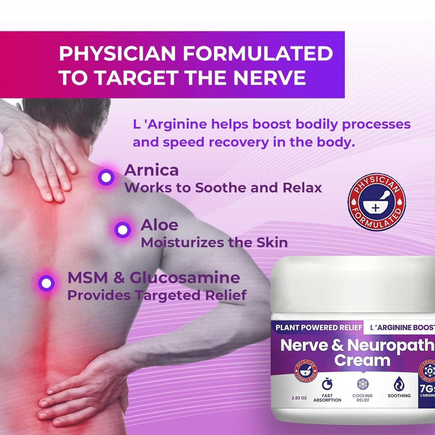 Nerve and Neuropathy Cream – Plant Powered Relief for Foot, Hands, Legs, Toes Includes 7grams of L’Arginine; Vitamin B6, Arnica, Aloe -2.82oz