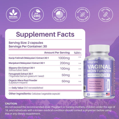 MEGNETA Vaginal Moisturizer, Kacip Fatimah 1,000mg & Manjakni 200mg for Female Health, Slippery Elm for Women, Vegan, 120 Capsules