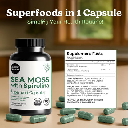 Atlantic Naturals Sea Moss with Spirulina Superfood Capsules - Multivitamin Supplement Supports Healthy Iron and Immune Health, Alternative to Seamoss Gel and Powder