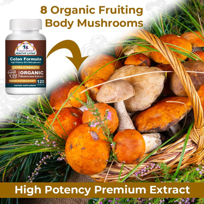 Colon Wellness Supplement, USDA Certified Organic Mushrooms Extract, Extra Strength 1,500 mg, High Potency 40% Beta-Glucans, Immune, Gut & Digestive, Colon Cleanse & Detox, 120 Caps