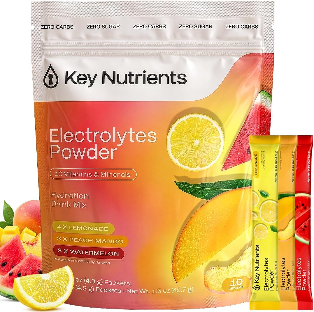 KEY NUTRIENTS Electrolytes Powder Bundle, Cherry Pom 90 Servings + Electrolyte Powder Packets Variety Pack 10 Count, Sugar Free Hydration Drink Mix with Vitamins & Minerals, No Calories