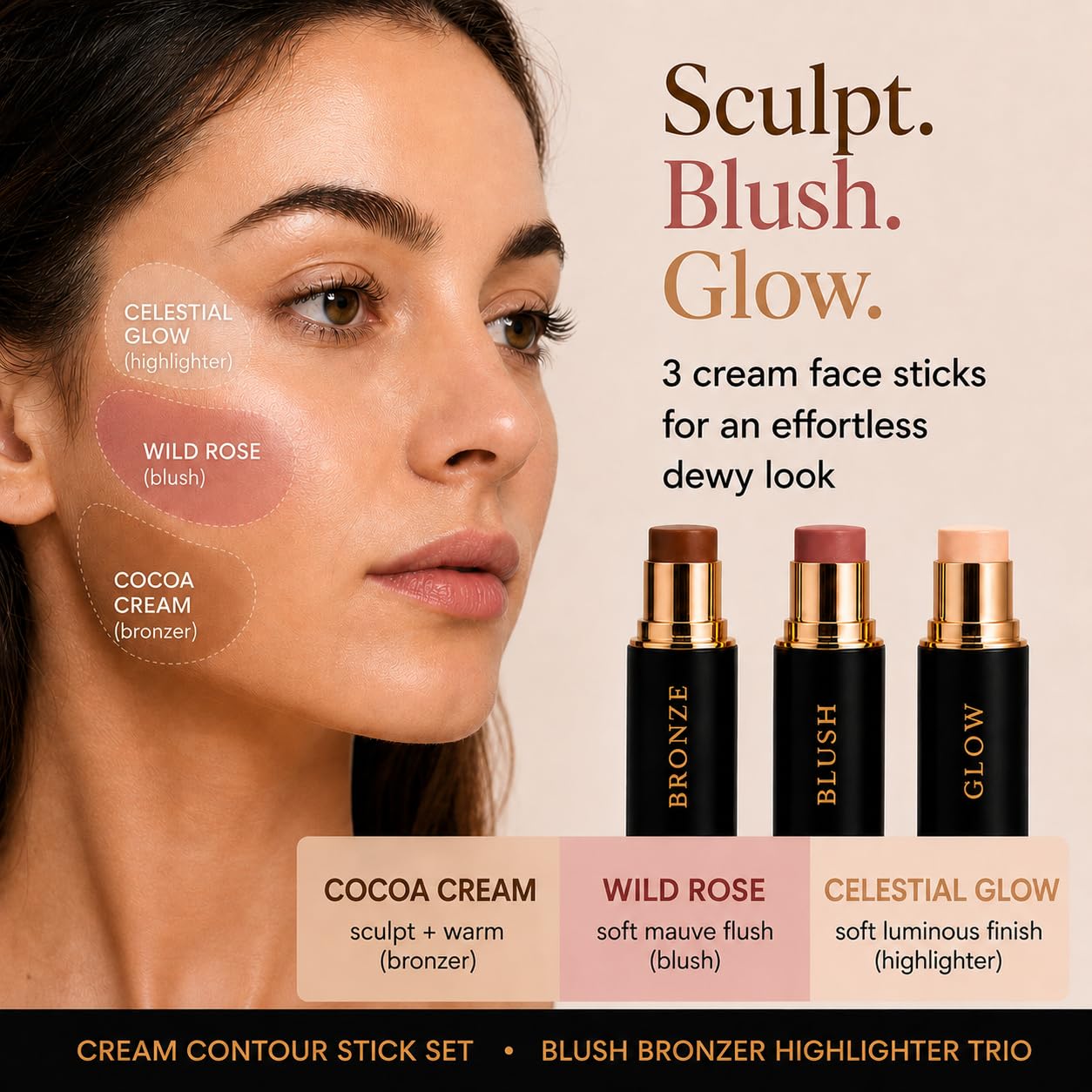 Cream Contour Stick Set – Blush, Bronzer & Highlighter Trio | Hydrating, Buildable, High-Pigment Makeup with Shea Butter & Vitamin E | Phoenix Beauty Gift Set (Enchanted)