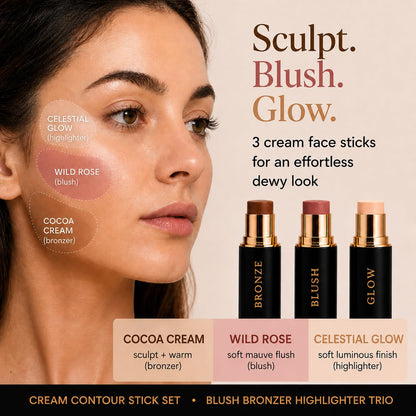 Cream Contour Stick Set – Blush, Bronzer & Highlighter Trio | Hydrating, Buildable, High-Pigment Makeup with Shea Butter & Vitamin E | Phoenix Beauty Gift Set (Enchanted)