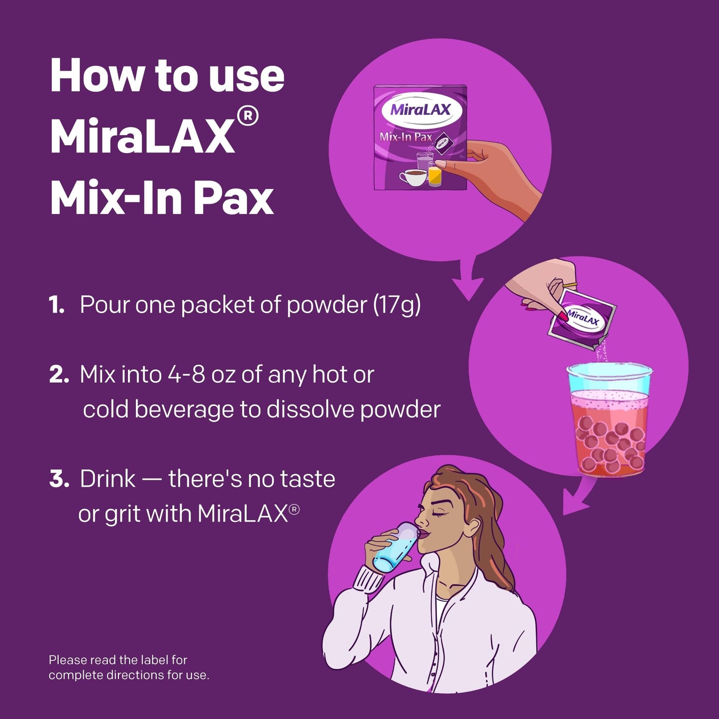 MiraLAX Laxative Powder for Gentle Constipation Relief for Adults, Stool Softener with PEG 3350, Nonstimulant Laxative, No Harsh Side Effects, Single Dose Mix-in Pax, Travel Pack, 40 Doses
