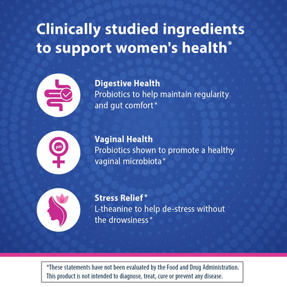 Florastor Probiotics for Women, Digest and De-Stress, Probiotics for Digestive Health, Vaginal Probiotic, and L-Theanine for Mind and Body Wellness, 60 Capsules