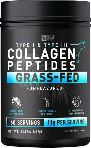 Zeal Naturals Hydrolyzed Collagen Peptides Powder, 10g Protein | Grass-Fed Collagen for Women & Men | Essential Amino Acids | Hair, Skin, Nails, Bone Health | 60 Servings, Unflavored, 23.53 oz.
