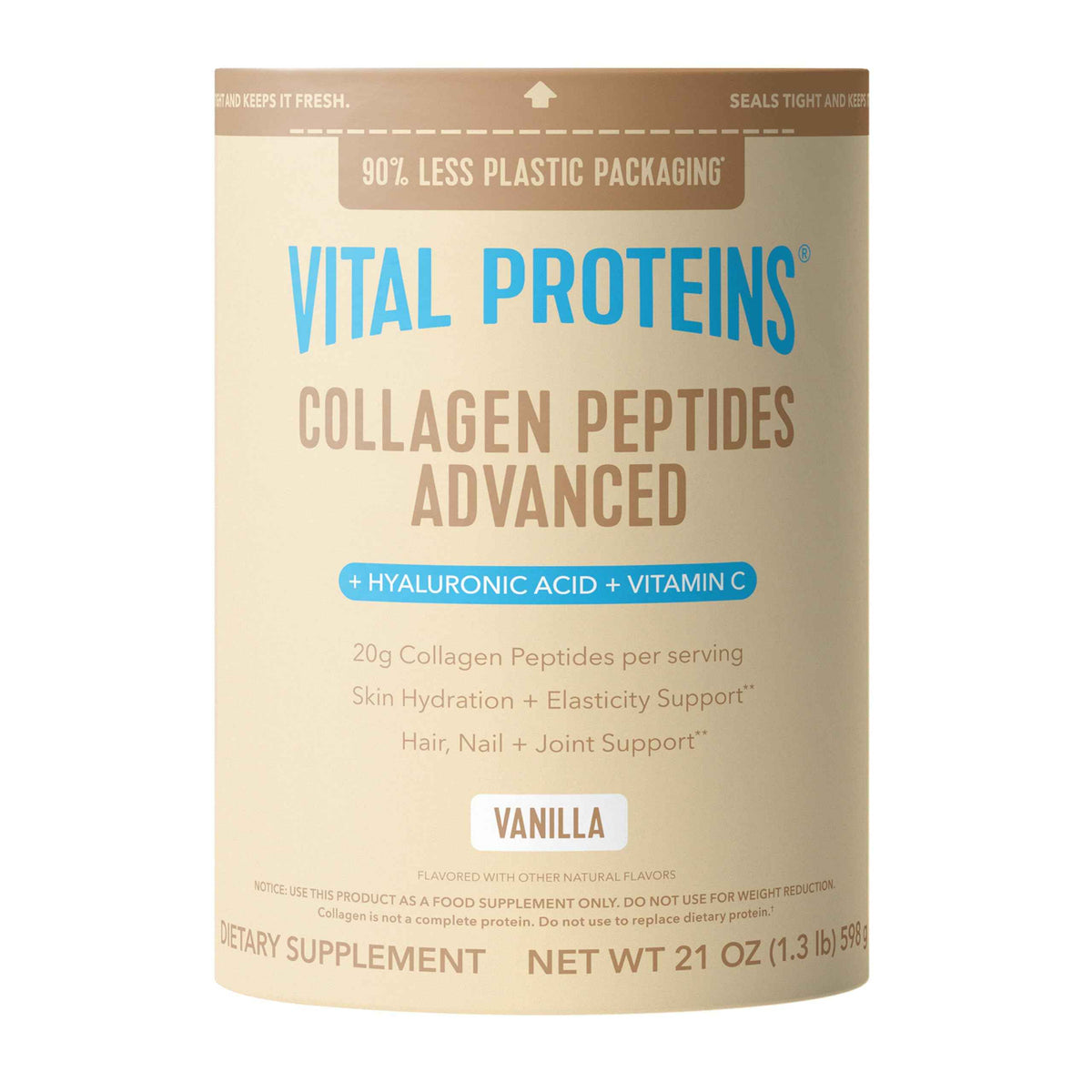 Vital Proteins Collagen Peptides Advanced, Hydrolyzed Peptides with Hyaluronic Acid and Vitamin C - Vanilla Flavor Powder, 21oz