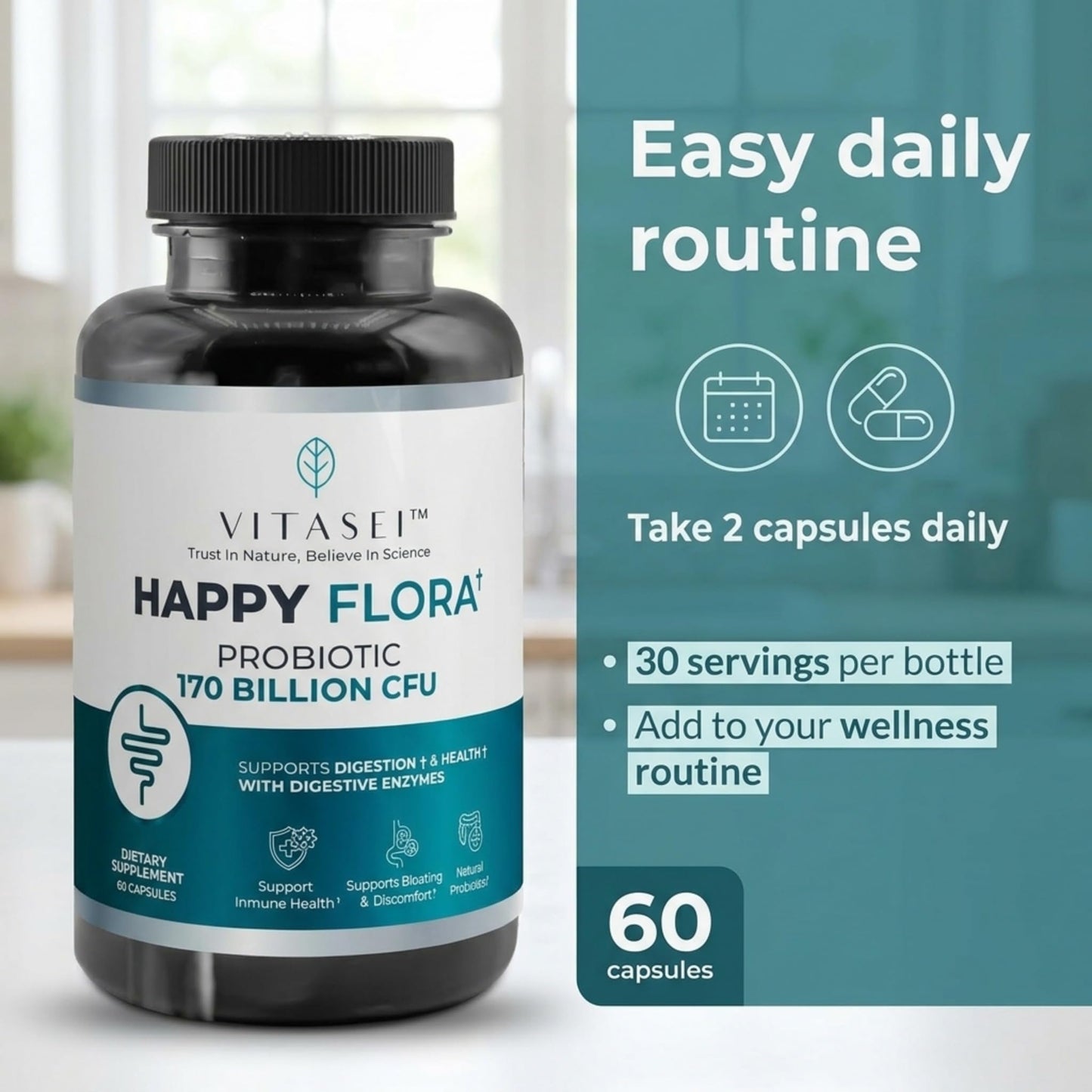 VITASEI Happy Flora Probiotic Supplement – 170 Billion CFU with Digestive Enzymes – Gut Health and Metabolic Support for Women and Men – 120 Capsules 2-Month Supply
