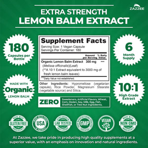 Zazzee Organic Lemon Balm 10:1 Extract, 180 Vegan Capsules, 6 Month Supply, Melissa Officinalis, Calm, Mood, Stress & Relaxation Support, Herbal Supplement, All-Natural, Non-GMO, Made in the USA ZazzeeBuy Supplements Australia