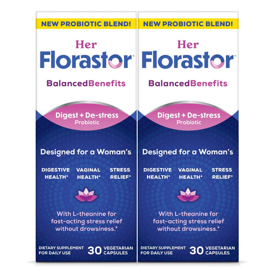 Florastor Probiotics for Women, Digest and De-Stress, Probiotics for Digestive Health, Vaginal Probiotic, and L-Theanine for Mind and Body Wellness, 60 Capsules
