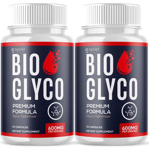 Two bottles of Syvor Bio Glyco dietary supplements on a white background
