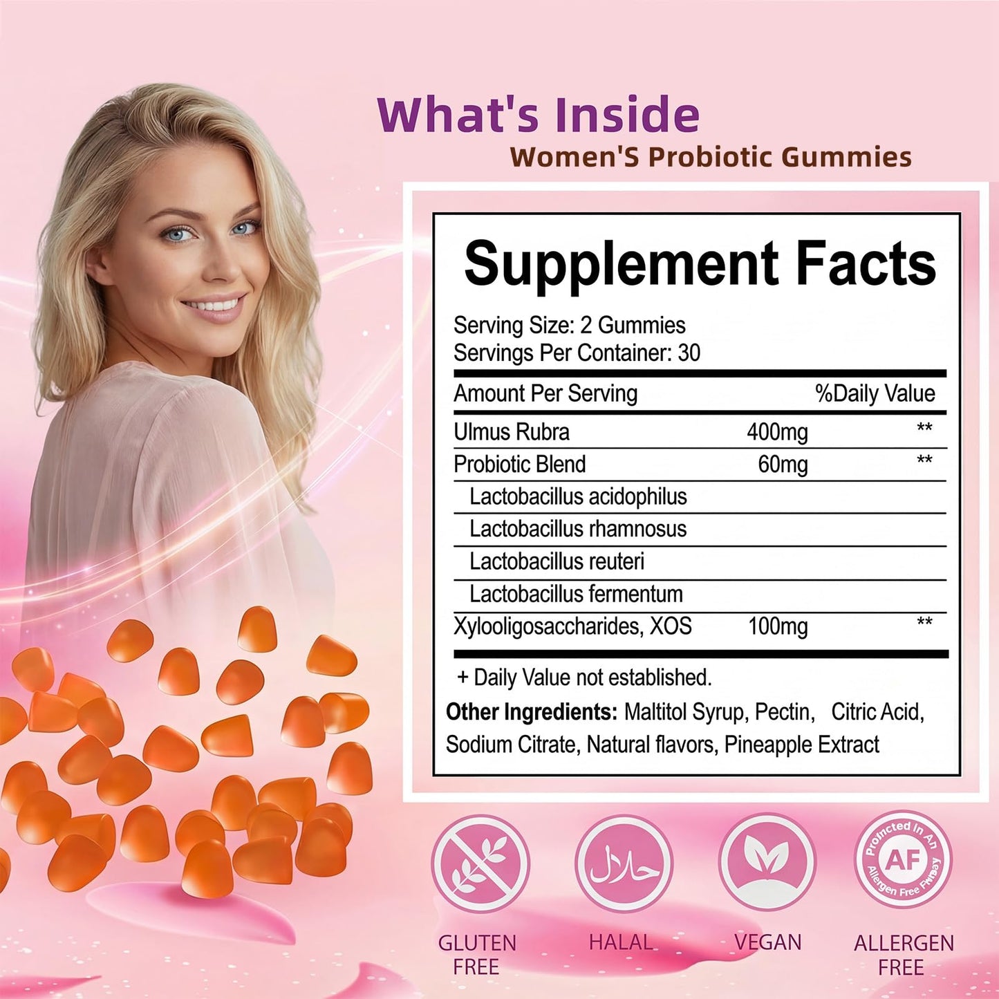 QZQHUA Women's Probiotics Gummies with Slippery Elm – Vaginal Health, Gut Health & pH Balance Support, Pineapple Flavor – Gluten Free, Vegan (30 Servings)（Q2）