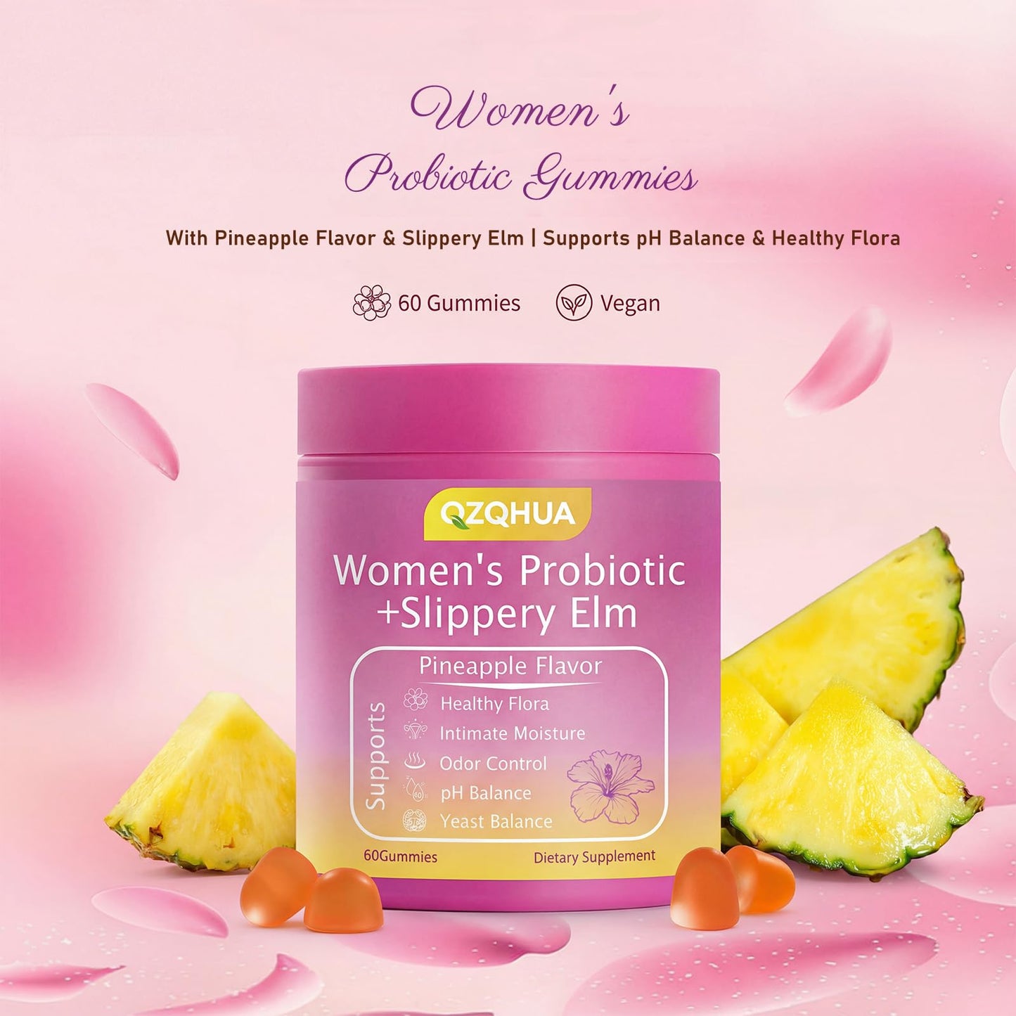 QZQHUA Women's Probiotics Gummies with Slippery Elm – Vaginal Health, Gut Health & pH Balance Support, Pineapple Flavor – Gluten Free, Vegan (30 Servings)（Q2）