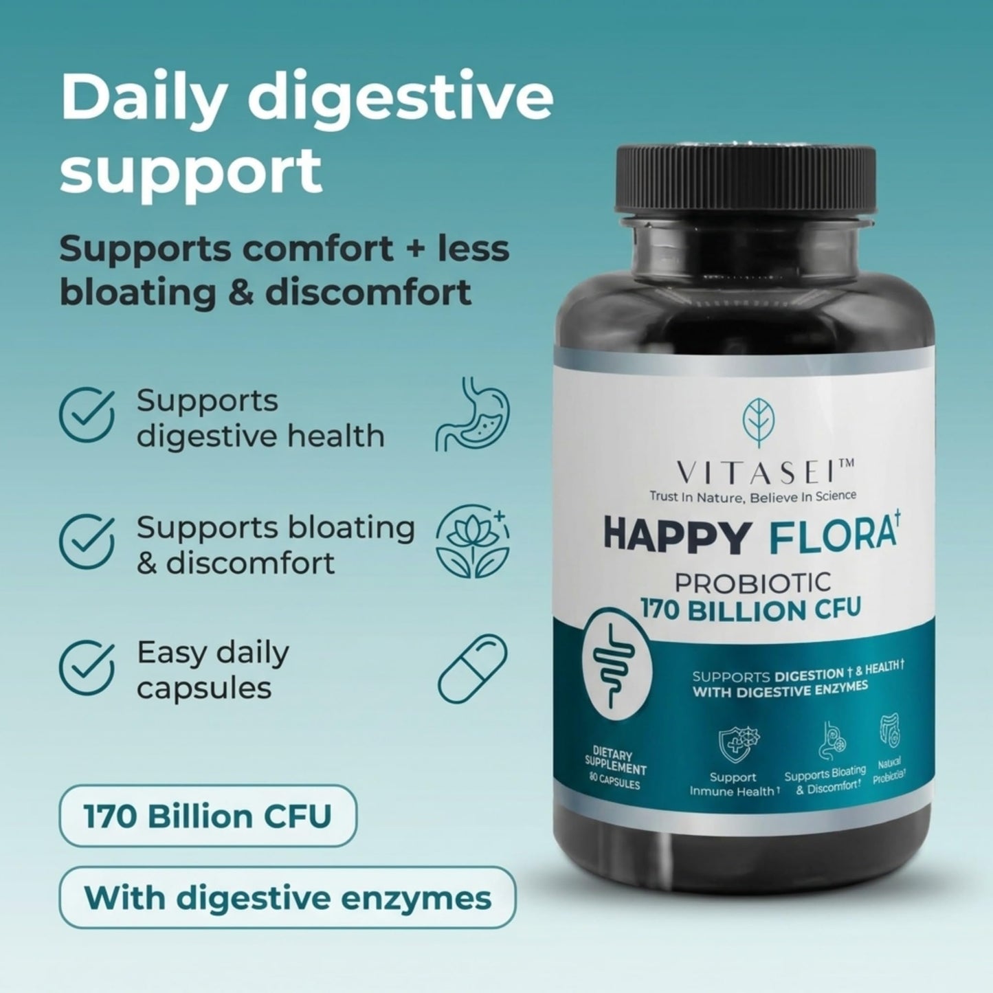 VITASEI Happy Flora Probiotic Supplement – 170 Billion CFU with Digestive Enzymes for Gut Health – Metabolic Support for Women and Men – 60 Capsules 1-Month Supply