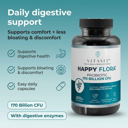 VITASEI Happy Flora Probiotic Supplement – 170 Billion CFU with Digestive Enzymes – Gut Health and Metabolic Support for Women and Men – 120 Capsules 2-Month Supply