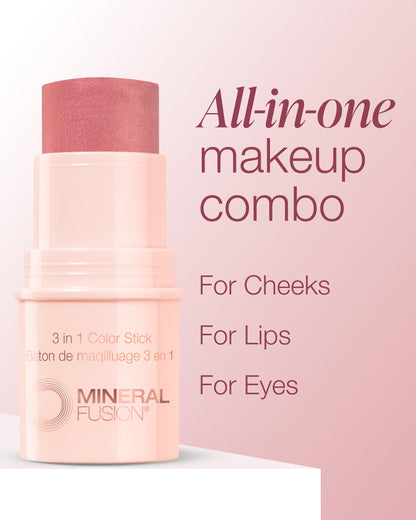 Mineral Fusion 3-in-1 Color Stick - Hydrating Cream Blush Tint for Cheek, Lip and Eye - Natural Multi Use Makeup (Rosette)