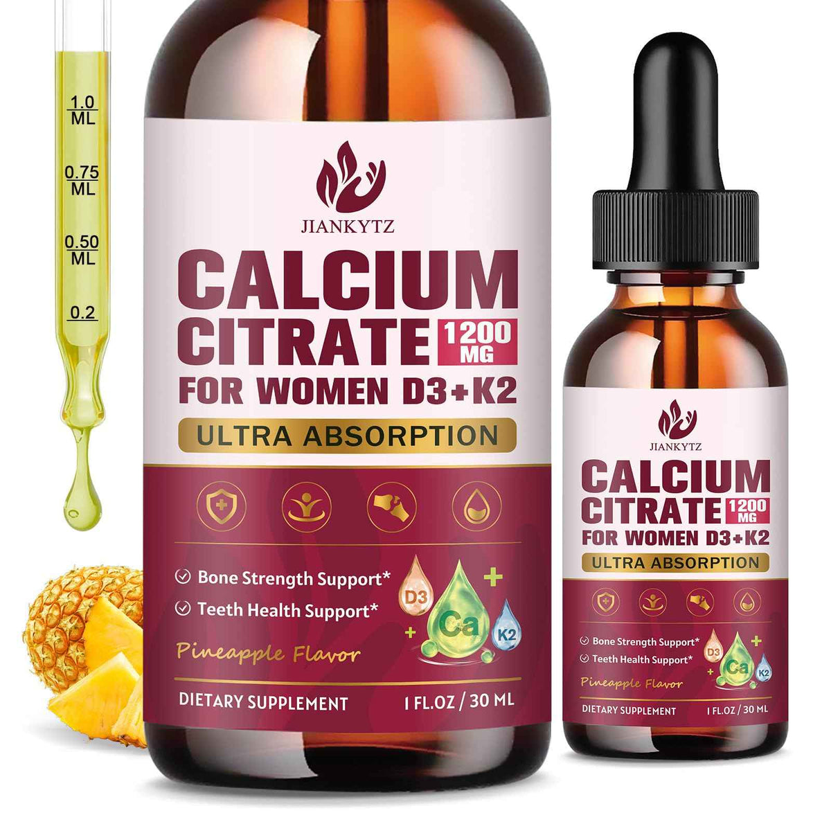 (2 Pack) Calcium Citrate with Vitamin D3 Liquid Drops for Women - Bones, Teeth, Immune Support, 1200mg Calcium Citrate Liquid Drops