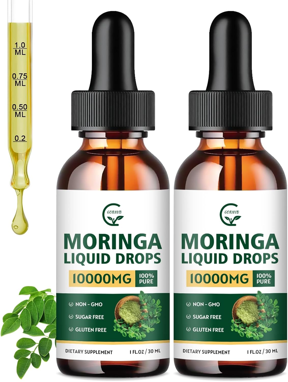 (2 Pack) Organic Moringa Liquid Drops, Moringa Supplement with Turmeric, Black Pepper, Grape Seed Extract, Pure Moringa Oleifera Leaf Extract for Skin, Gut, Immune Support, More Potency Than Powder