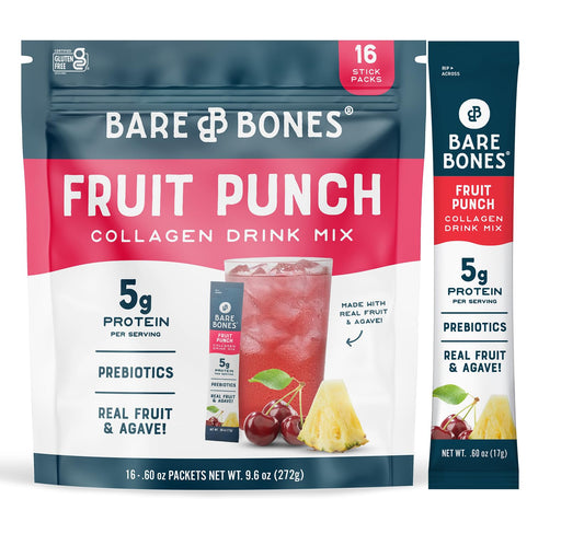 Bare Bones Fruit Punch Fruit Collagen Peptides Powder Drink Mix Packets | 5g Protein | Naturally Sweetened | Light & Flavorful | Gluten-Free On-the-Go Stick