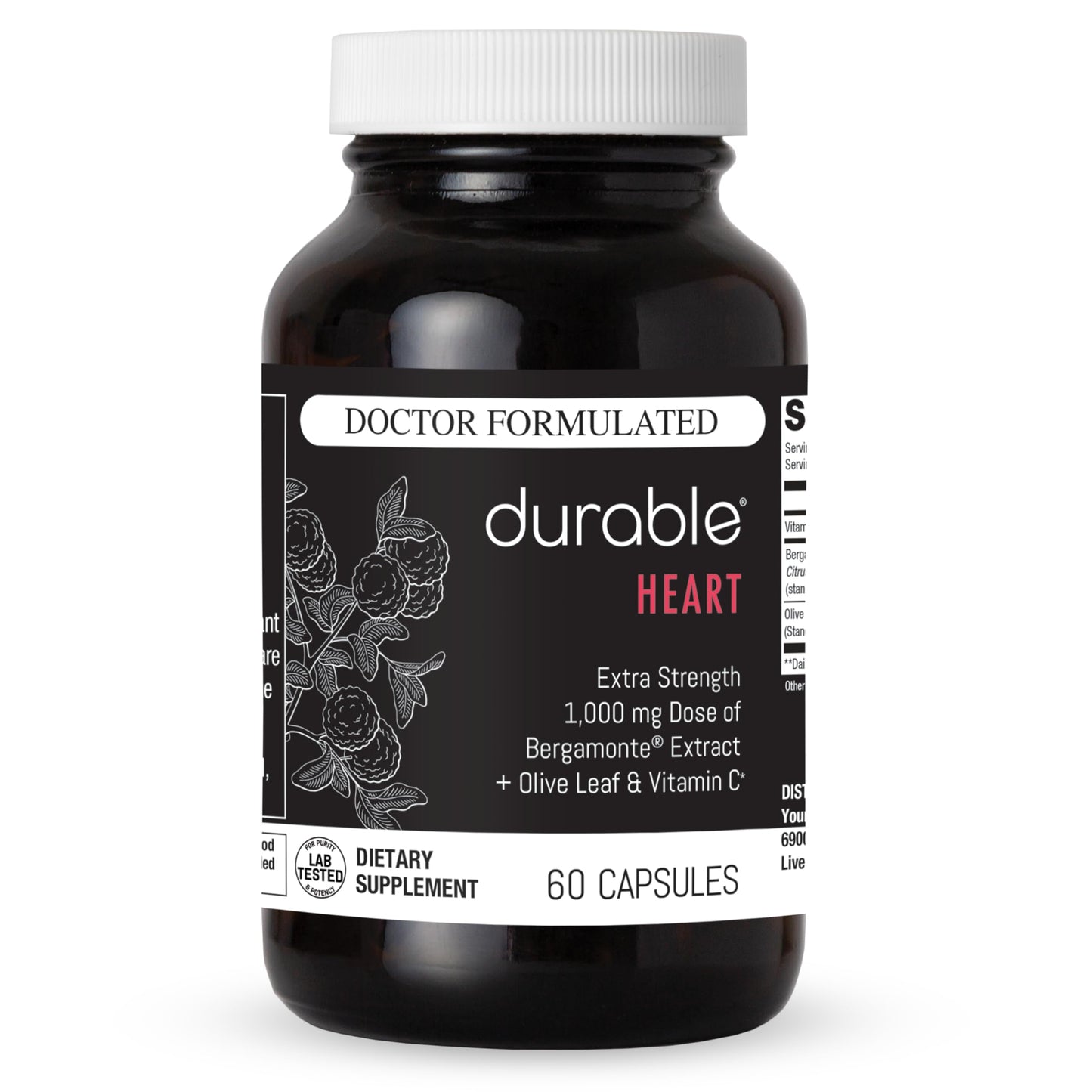 Durable Heart Bergamonte Citrus Bergamot 1000mg + Olive Leaf and Vitamin C Healthy-Cardiovascular Formula for Rate and Pressure, Healthy Cholesterol Pills
