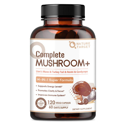 NATURE TARGET 14-in-1 Mushroom Supplement - Mushroom Complex with Lion's Mane, Cordyceps, Reishi & Turkey Tail - Caffeine-Free Energy, Memory & Immune Support - Vegan, 120 Capsules