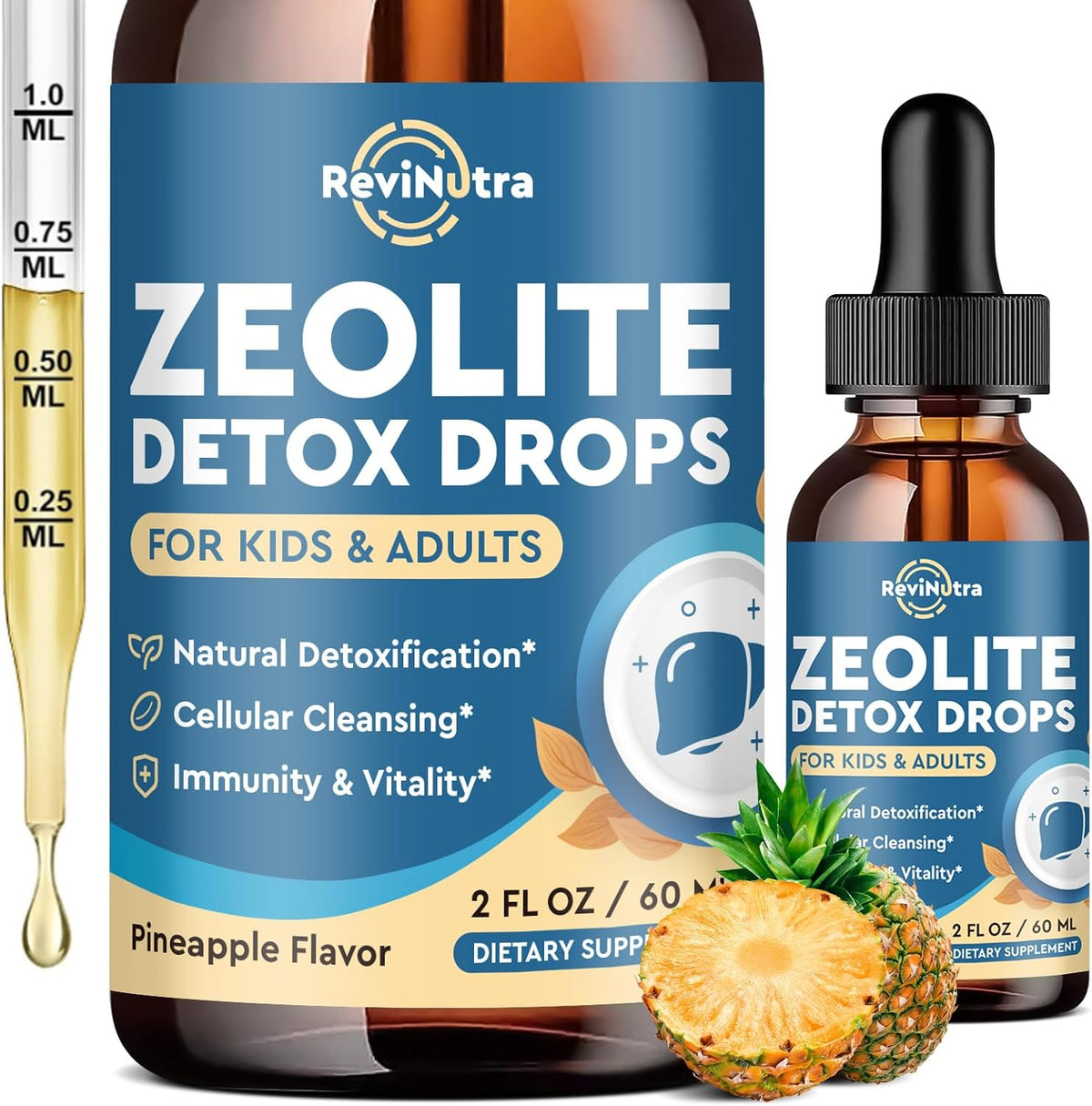 Zeolite Detox for Kids and Adults, Zeolite Clinoptilolite Liquid Drops with Chlorella, Magnesium, Zinc, Methy Vitamin B12 & D3, Gut Liver Detox Cleanse, Immunity, Pineapple Flavor 2 Fl Oz