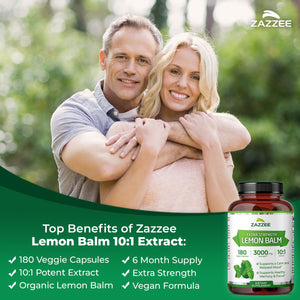 Zazzee Organic Lemon Balm 10:1 Extract, 180 Vegan Capsules, 6 Month Supply, Melissa Officinalis, Calm, Mood, Stress & Relaxation Support, Herbal Supplement, All-Natural, Non-GMO, Made in the USA ZazzeeBuy Supplements Australia