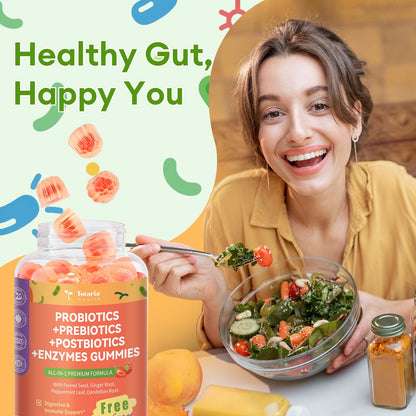 (2 Packs) Totaria Sugar Free 5-in-1 Probiotic Prebiotic Postbiotic Gummy, Probiotics for Women Men with Digestive Enzymes, Peppermint, Complete Immune, Gut & Digestive Support, Vegan Strawberry Flavor