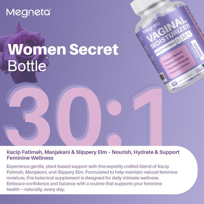 MEGNETA Vaginal Moisturizer, Kacip Fatimah 1,000mg & Manjakni 200mg for Female Health, Slippery Elm for Women, Vegan, 120 Capsules