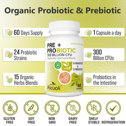 Probiotics for Women & Men - 300 Billion CFU, 24 Strains + 15 Organic Herbs Prebiotics Blend, Daily Probiotic for Digestive Health, Immune, Gut, Bloating - 120 Vegetarian Capsule (120-Days Supply)
