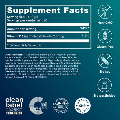 Puori Vitamin D3 Softgels, 2500 IU (62.5 mcg) - Fast Absorbing Vitamin D3 Supplements for Immune System Support, Bone Health & Density and Healthy Muscle Functions - Non-GMO & Gluten-Free - 120 Count