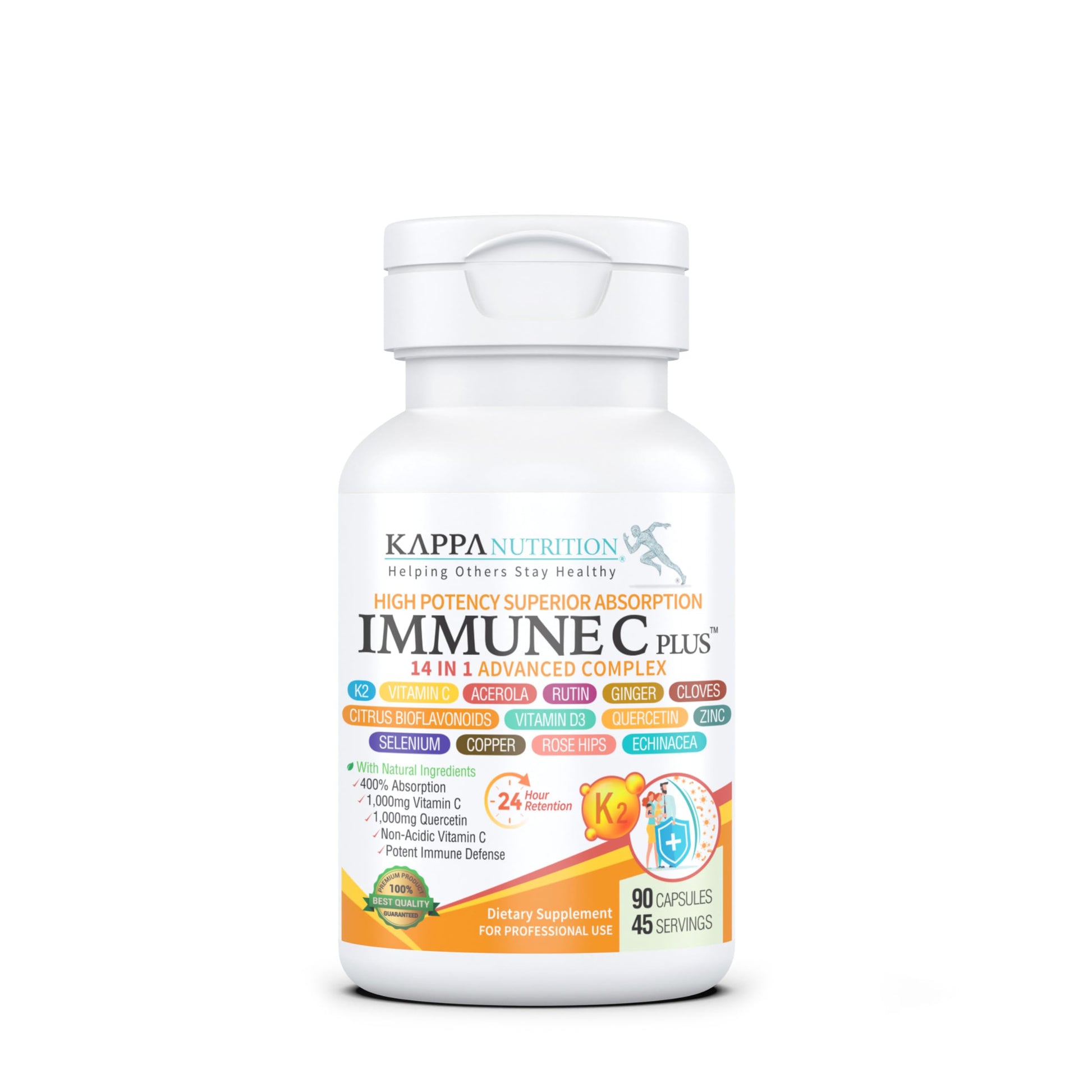 Quercetin 1,000mg, Vitamin C 1,000mg, Zinc 50mg, Vitamin D3 5,000iu, Selenium, Copper, Acerola, Ginger, Rutin, Bitter Orange, Rose Hips, Echinacea, Immune C Plus, 14 in 1 Immune C Plus (90 Count) KAPPA NUTRITIONBuy Supplements Australia
